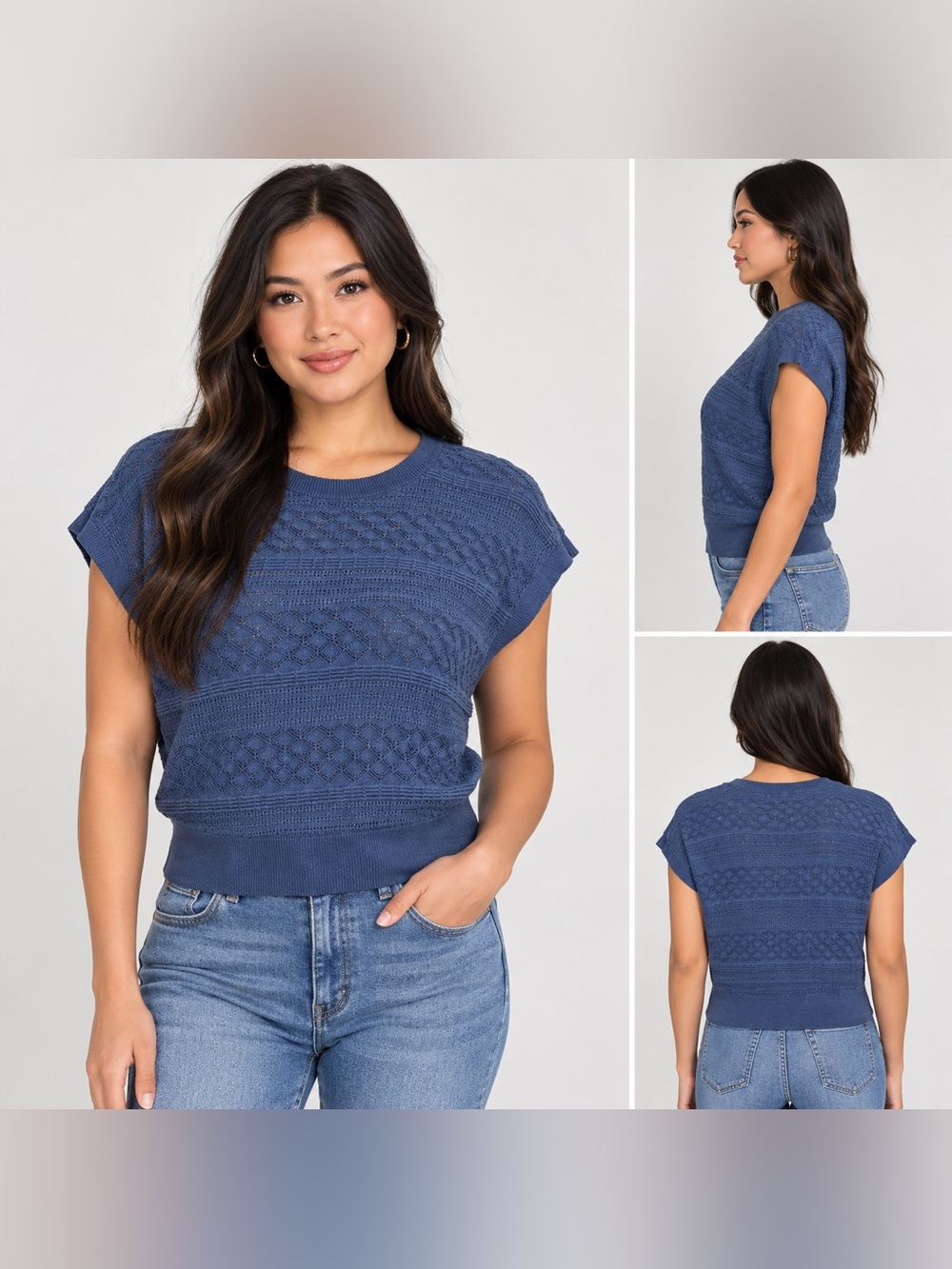 LOFT Outlet Women’s Blue Textured Knit Short Sleeve Sweater Top Size Large L